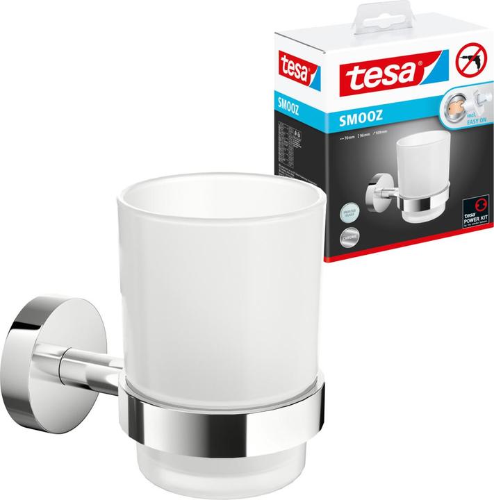 Produktbild tesa SMOOZ Zahnputzbecher mit Halterung - aus satiniertem Glas - zur Wandbefestigung ohne Bohren