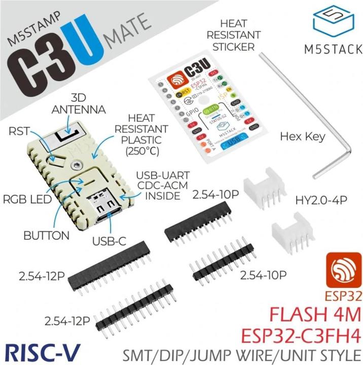Produktbild M5Stack Entwicklerboard M5stamp C3U Mate mit Pin Headers