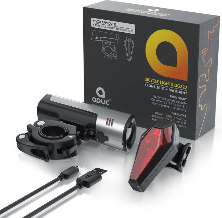 Produktbild Aplic Fahrradbeleuchtung, Velobeleuchtung, Fahrradlampenset, 2600mAh Frontlicht & 180mAh Rücklicht, 40 Lux (20 lm)