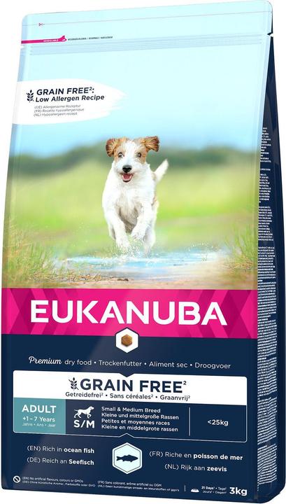 Actual product image Eukanuba Grain Free Adult S/M with Salmon (Adult, 3 pcs., 3000 g)
