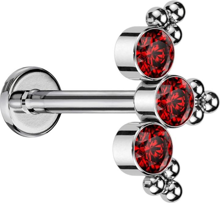 Produktbild Star Piercing Micro Threadless Labret silber dreiecks Kugeln drei Kristalle rot (ohne Messing, Titan G23)