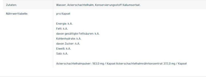 Nährwerte und Zutaten Ultra Sports Ackerschachtelhalm (1 Stück, Kapseln, 100 g)