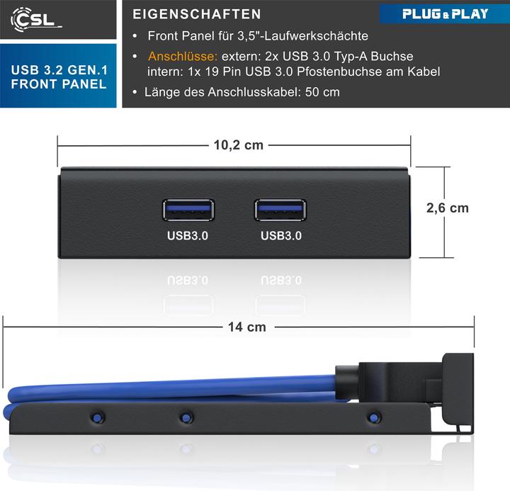 Produktbild CSL 2 Port USB 3.0 Frontpanel für 3,5" Laufwerkschächte, bis zu 5Gb/s (USB-A, 2 Ports)