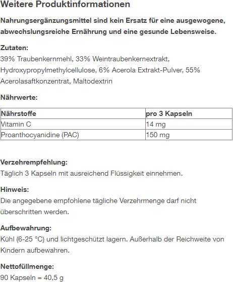 Nährwerte und Zutaten Raab OPC Forte mit Vitamin C (90 Stück, Kapseln, 40.50 g)