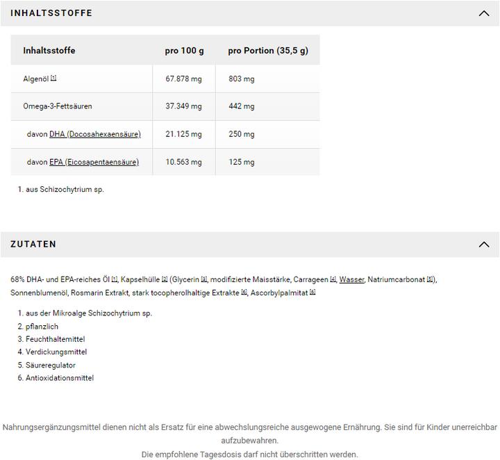 Nährwerte und Zutaten Raab Algenöl Omega-3 mit DHA und EPA (30 Stück, Kapseln, 35.50 g)