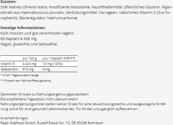 Nährwerte und Zutaten Raab Astaxanthin mit Vitamin E (60 Stück, Kapseln, 26.30 g)