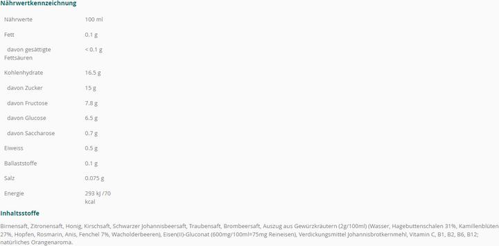 Nährwerte und Zutaten Rabenhorst Eisenblut plus (6 Stück)