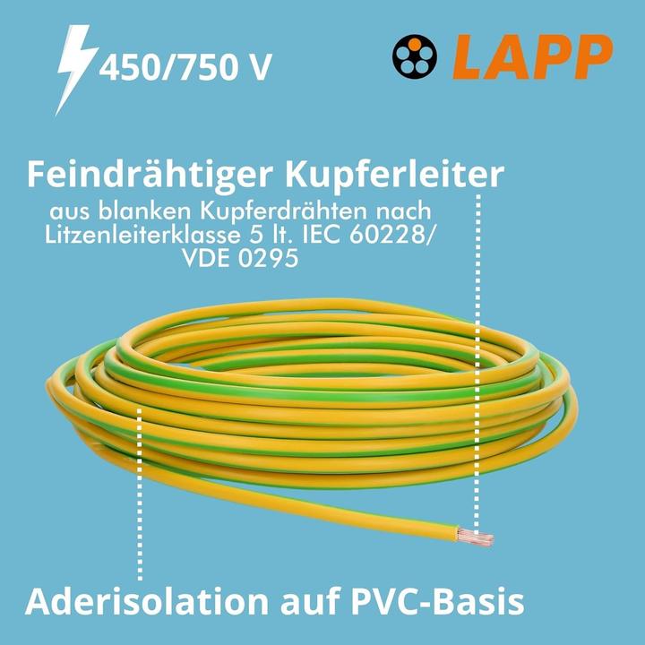Immagine prodotto Lapp 10 metri 4520006 H07V-K 16,0 mm² verde-giallo I Cavo di messa a terra I Conduttore di terra di (10 m)
