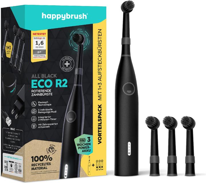 Immagine prodotto happybrush Happy Brush ECO R2 Allblack + 3 ricariche (Spazzolino oscillante)