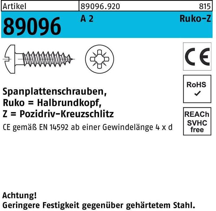 Produktbild Spanplattenschraube R 89096 HAKO Kreuzschlitz-PZ 4 x 25 -Z A 2 (1000 Schrauben pro Stück)