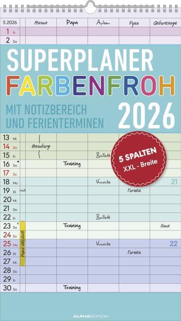 Alpha Edition Familienplaner Farbenfroh 2026 (26 x 45 cm, Hardcover, German)