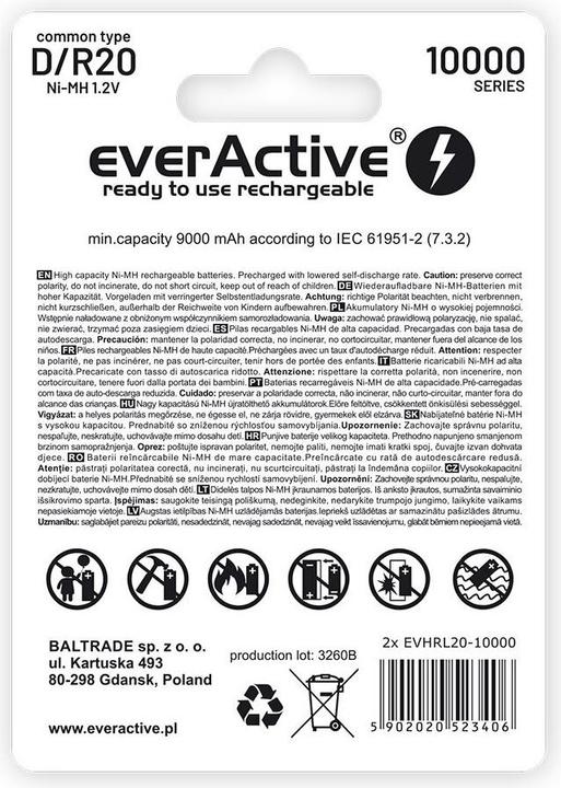 Image du produit Everactive Rechargeable Batteries R20/D Ni-MH 10000 mAh ready to use - Batterie - mono (F) (1 pcs, D, 10000 mAh)
