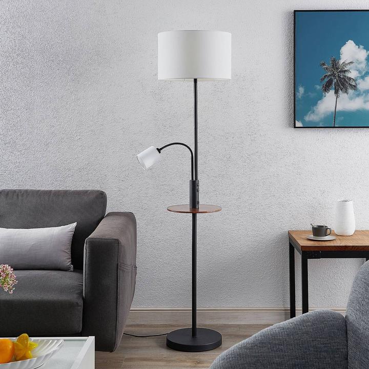 Immagine prodotto Lindby Lampada da terra Aovan con ripiano e USB, nera (E27, E14)