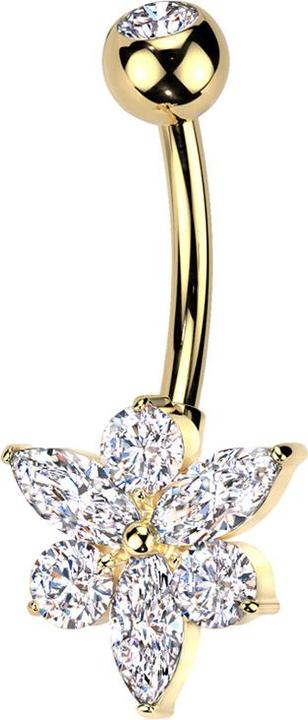 Produktbild Star Piercing Banane vergoldet mit Kugel Kristall silber und Blume Kristalle silber (Messing, Titan G23)