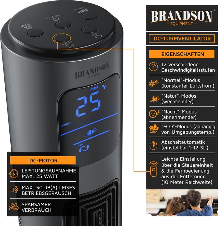 Image du produit Brandson Ventilateur de tour, 12 vitesses, DC, ECO, minuterie, oscillation, télécommande (50 dB)