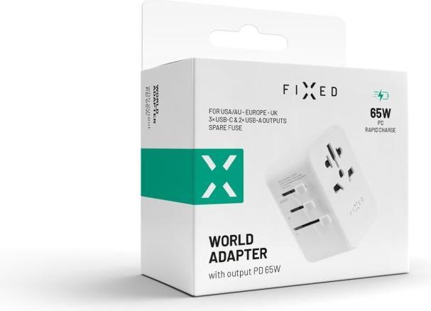 Actual product image Fixed Voyager 65 W travel adapter for EU, UK and USA/AUS, with 3xUSB-C and 2xUSB output, GaN, PD 65W, whit