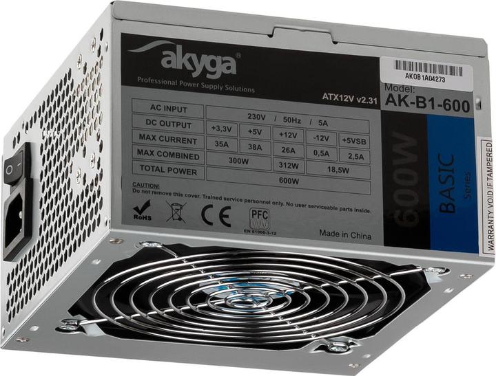 Actual product image Akyga Basic ATX Power Supply 600W AK-B1-600 Fan12cm P4 3xSATA PCI-E (600 W)