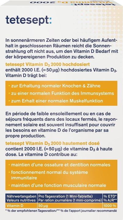 Valori nutrizionali e ingredienti Tetesept Vitamin D3 2000 (60 Pezzo/i, Pillole, 37 g)