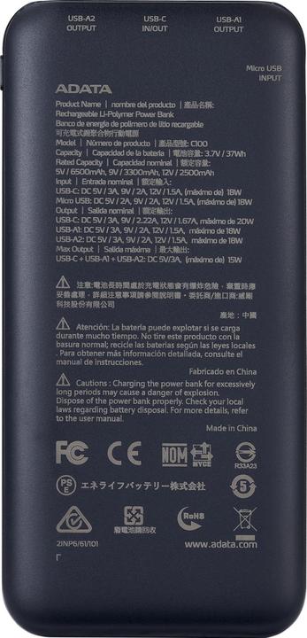 Actual product image Adata POWER BANK USB 10000MAH BLACK/PC100-14BK (10000 mAh, 20 W, 37 Wh)