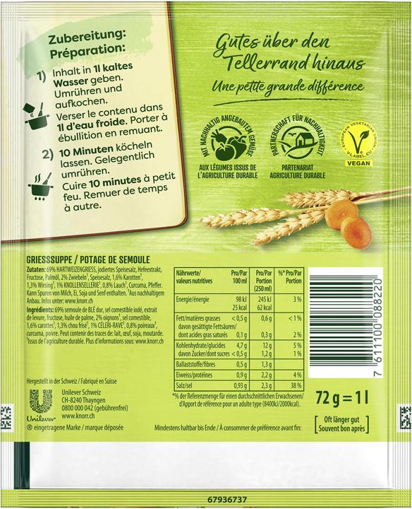 Nutritional values and ingredients Knorr Graziella soup bag, durum wheat semolina with onions, carrots & leeks, prepared in 10 minutes.
