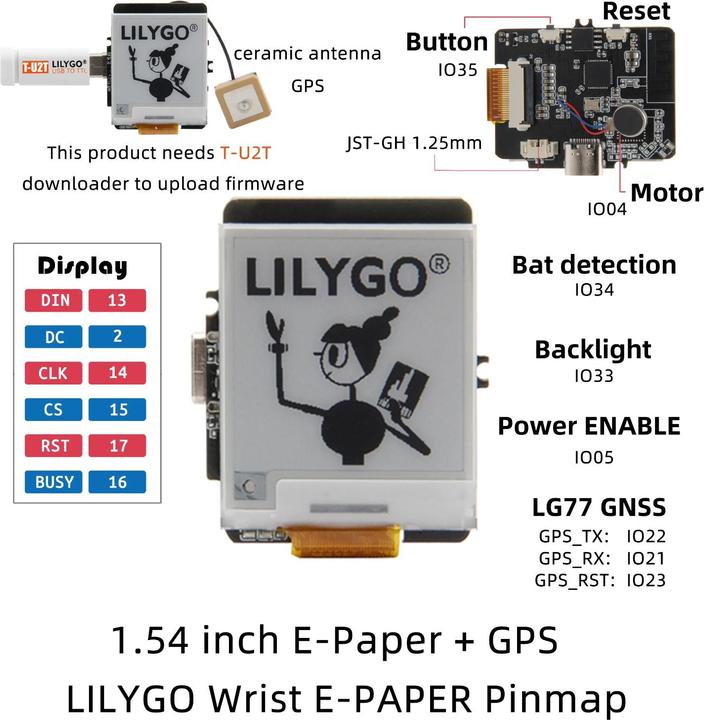 Actual product image Lilygo T-Wrist ESP32+GPS ePaper 1.54inch display