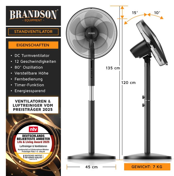 Produktbild Brandson Standventilator, Fernbedienung, DC, leise, energiesparend, Oszillation, Timer, 43 cm Ø, 12 Stufen (59 dB)
