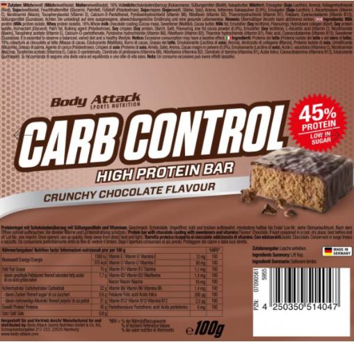 Nutritional values and ingredients Body Attack Carb Control (15x100g bars) (Crunchy Chocolate, 15 pcs., 1500 g)