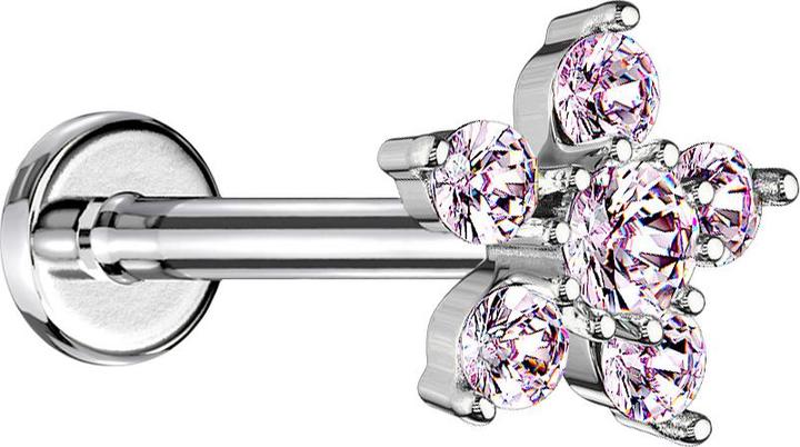 Produktbild Star Piercing Micro Labret Innengewinde silber Blume Kristall pink (Messing, Chirurgenstahl 316L)