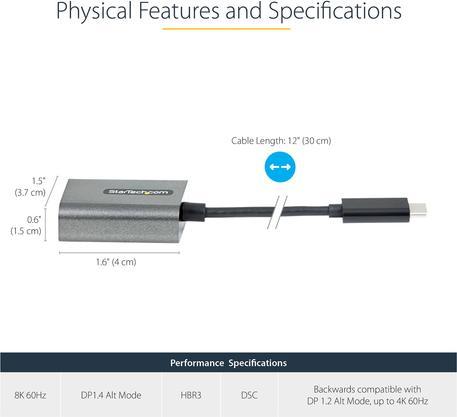Produktbild StarTech USB-C auf DisplayPort Adapter - /4K USB-C zu DisplayPort 1.4-Adapter Dongle - USB-Type-C auf DP (USB Typ-C, 39 cm)