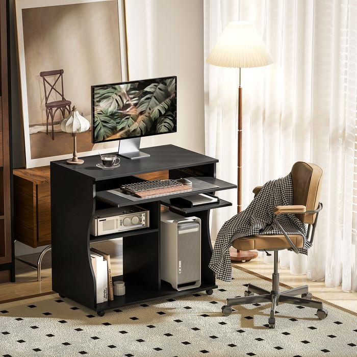 Actual product image Swisshandel24 Mobiler Schreibtisch Schwarz Computertisch Tisch mit Ablage rollbar Schwarz