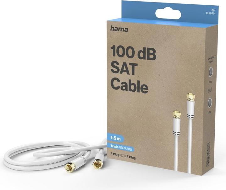 Actual product image Hama SAT connection cable, F plug - F plug, gold-plated, 1.5 m, 100 dB, White (100 dB, Antenna cable)