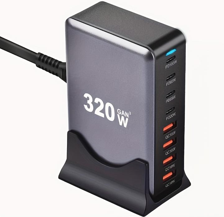 Produktbild PhoneLook Schnellladegerät 320W Hub GaN III USB-C 8 Ports für PC/Tablet/Smartphone mit CH/EU Stecker (320 W)