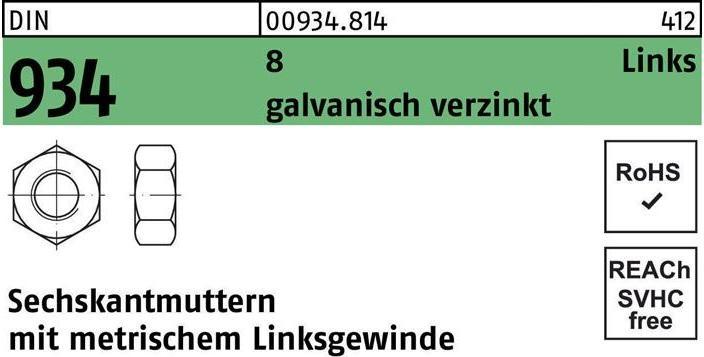 Produktbild Sechskantmutter DIN 934 links M 20 -LH 8 galvanisch verzinkt (M20)