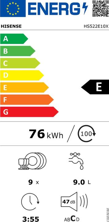 Energy Label Hisense HS522E10X Freestanding dishwasher 45 cm