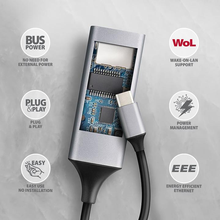 Produktbild Axagon ADE-TXPD, USB-C 3.2 Gen 1 - Gigabit Ethernet síťová karta, Asix AX88179, PD, auto instal (USB-C, RJ45 (1x))
