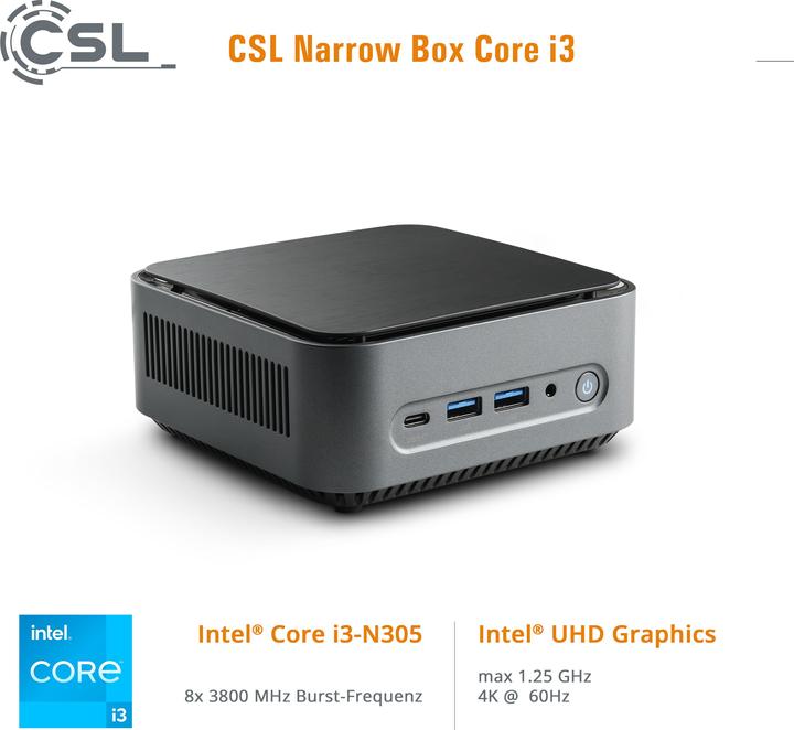 Immagine prodotto CSL Mini-PC Narrow Box Core i3 (Intel Core i3-N305, 32 GB, 4000 GB, Grafica Intel UHD)