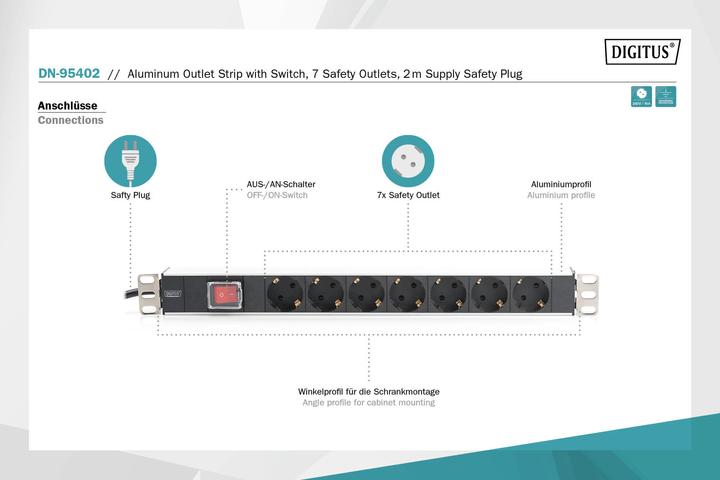 Actual product image Digitus Socket strip with aluminium profile (7 x, CEE 7/3, 2 m)