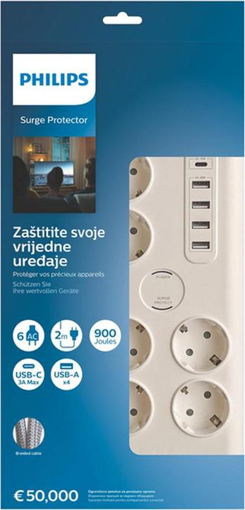 Produktbild Philips Surge protector SPN7060WA/58, 6 outlets, power cord, 1 x Type C port, Max output, 4 x Type A (6 x, CEE 7/3, 2 m)