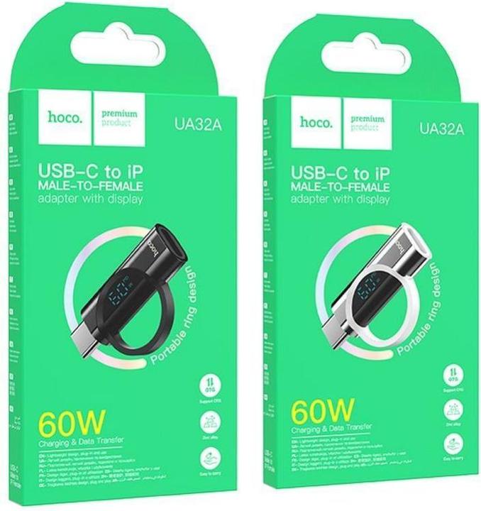 Actual product image Hoco Cable adapter Type C (male) to Lightning (female) with digital display 3A 60W UA32A silver (Lightning, USB-A)