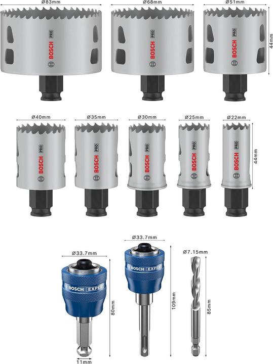 Actual product image Bosch Professional Zubehör PRO Multi Material PC Plus hole saw set, 11 pcs. (51 millimetres, 40 millimetres, 30 millimetres, 35 millimetres, 22 millimetres, 83 millimetres, 68 millimetres, 25 millimetres)