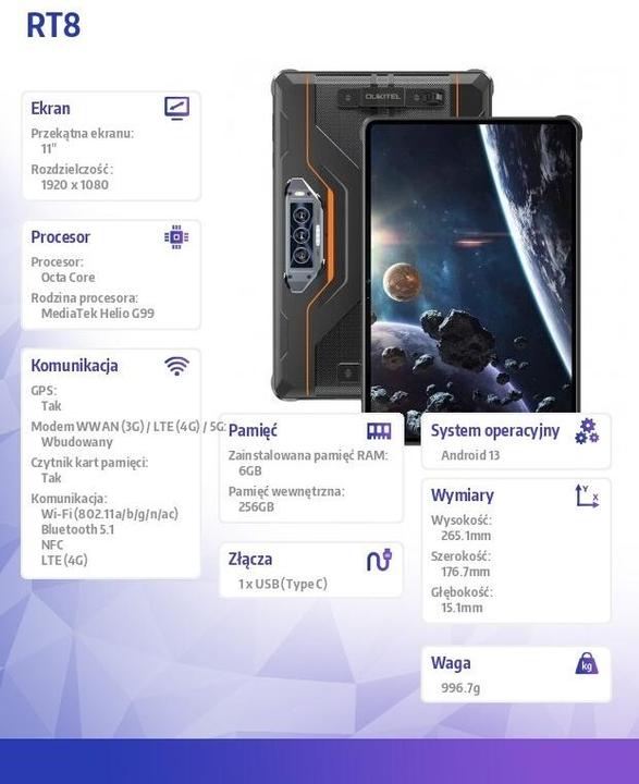 Image du produit Oukitel Tablette RT8 6/256GB Orange Rugged 20000 mAh 33W (4G, 11", 256 Go, Noir, Orange)