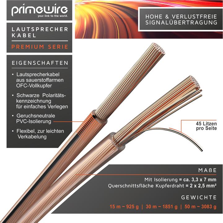 Image du produit Primewire Câble de haut-parleur cuivre OFC 2 x 2,5 mm² câble de haut-parleur, câble audio, câble de (50 m, 2.50 mm²² mm)