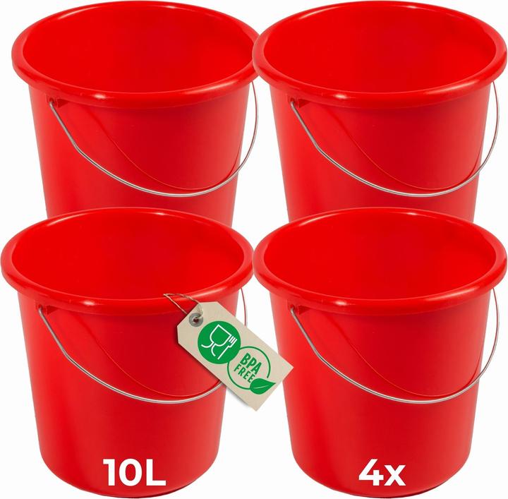 Produktbild Novaliv 4 Stück Eimer 10L Rot mit Masseinteilung - Putzeimer 10 Liter? 28,5 cm Praktischer Allrounde (4 Stk.)