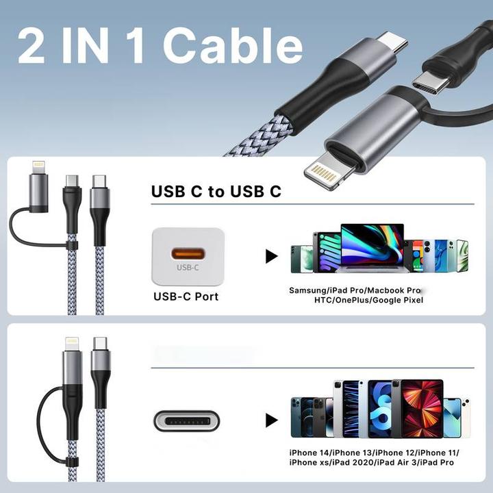 Image du produit PhoneLook Câble de charge 2 en 1 (USB-C vers USB-C + Lightning) pour iPhone 15 et modèles précédents (1 m)