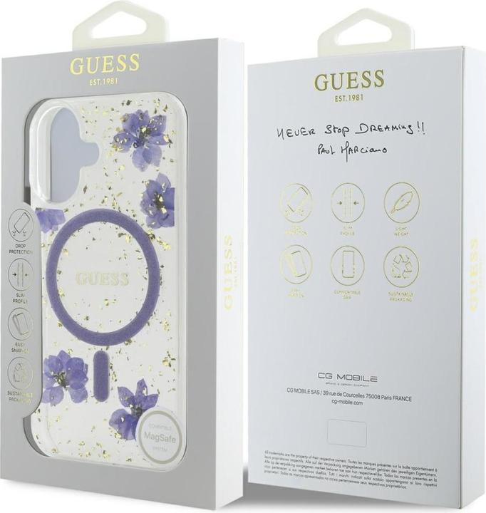 Produktbild Guess Case Resin Flowers Glitter MagSafe for iPhone 16 purple (Apple iPhone 16)