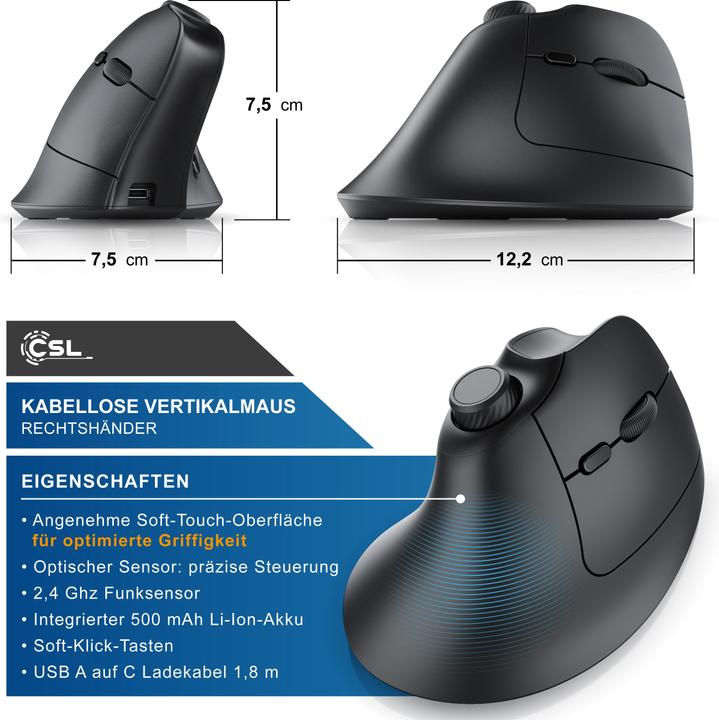 Produktbild CSL Kabellose Vertikalmaus, 2,4 GHz Funk, 250dpi, ergonomische Wireless Maus, ggegen Mausarm / Tennisarm (Kabellos)