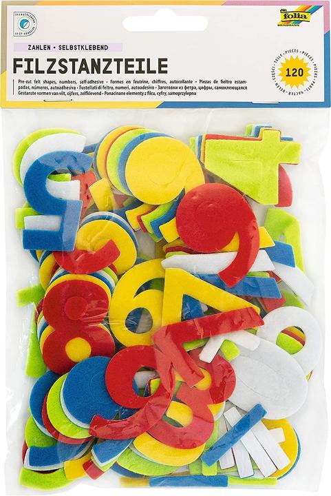 Immagine prodotto Folia 5262 - Numeri di pezzi fustellati in feltro, autoadesivi, 120 pezzi, colori assortiti, ognuno alto