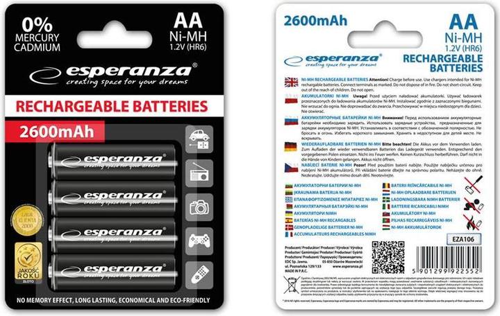 Immagine prodotto Esperanza EZA106 Batteria industriale al nichel-metallo idruro (NiMH) (4 pz., AA, 2600 mAh)