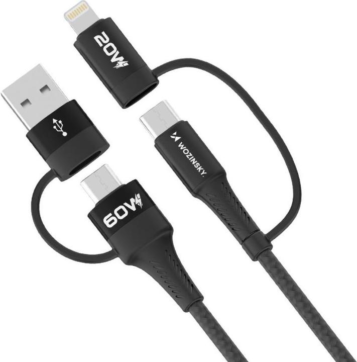 Actual product image Wozinsky WNBAA 4in1 cable 2x USB-C 1x USB-A 1x Lightning 60W 1 m - black (1 m, USB 2.0, 60 W)