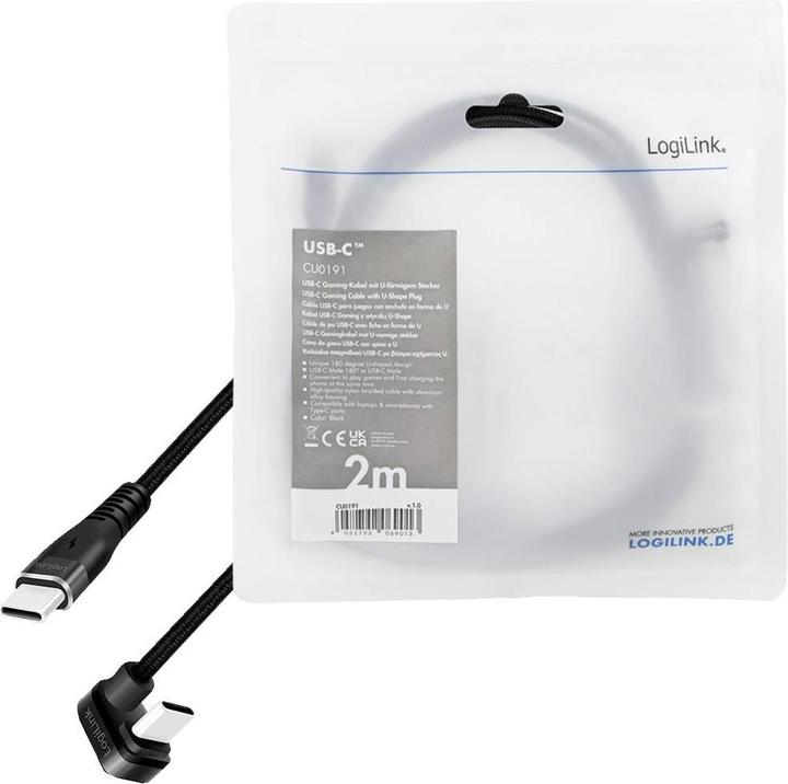 Produktbild LogiLink USB 2.0 Type-C-Kabel, C/M 180° zu USB-C/M, Alu, schwarz, 2 m (2 m, USB 2.0, 60 W)